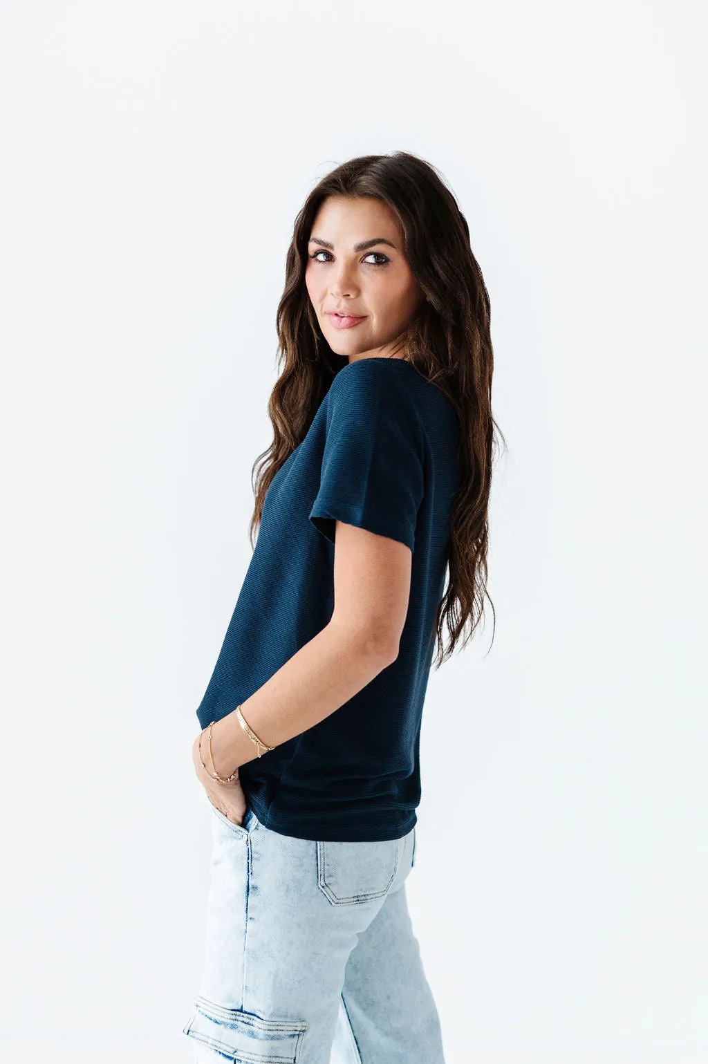 Maddy Textured Knit Top in Navy