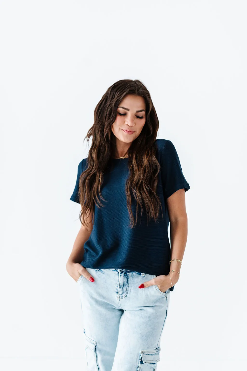 Maddy Textured Knit Top in Navy