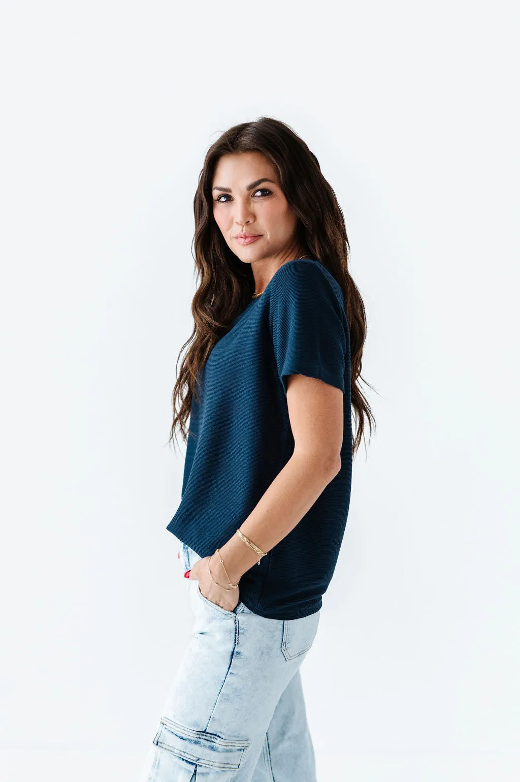 Maddy Textured Knit Top in Navy