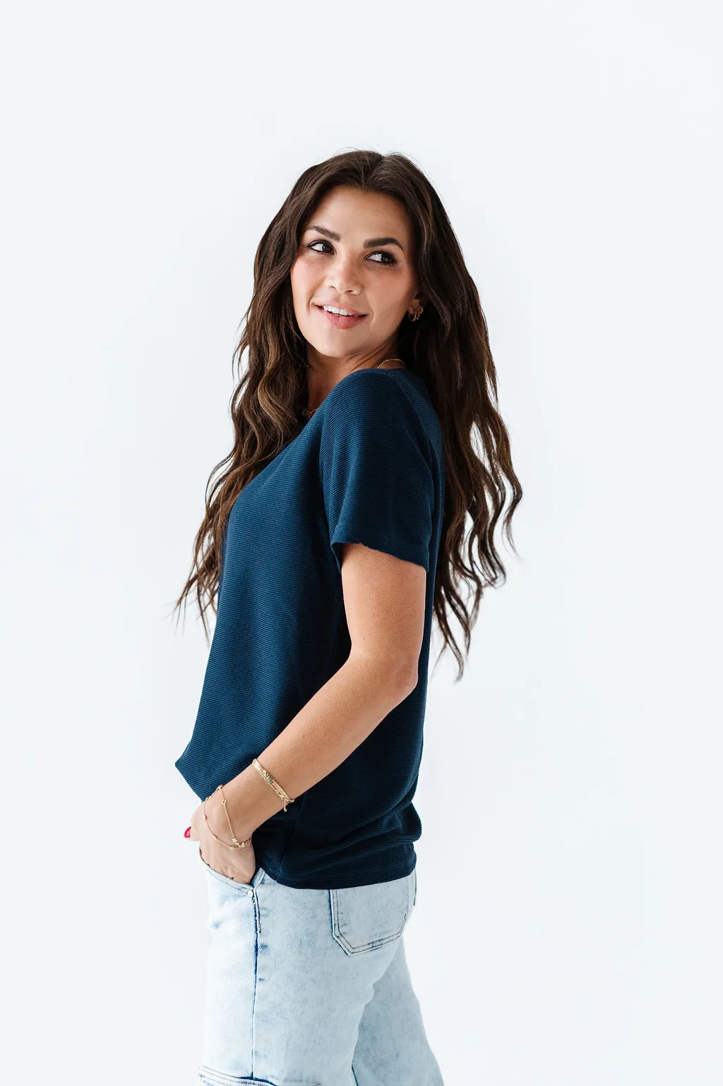 Maddy Textured Knit Top in Navy