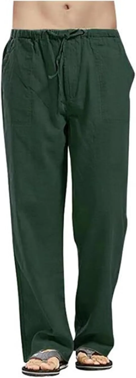 Men's Cotton Linen Breathable Cropped Sweatpants Lightweight Yoga Pants Chino Trousers with Elastic Waist and Drawstrings