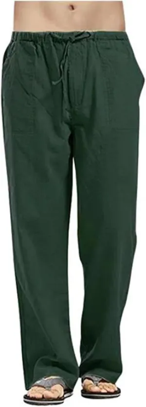 Men's Cotton Linen Breathable Cropped Sweatpants Lightweight Yoga Pants Chino Trousers with Elastic Waist and Drawstrings