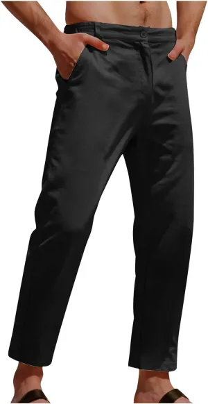 Men's Cotton Linen Pants Stretch Waist Lightweight Casual Pants Slim Fit Yoga Beach Trousers with Pockets