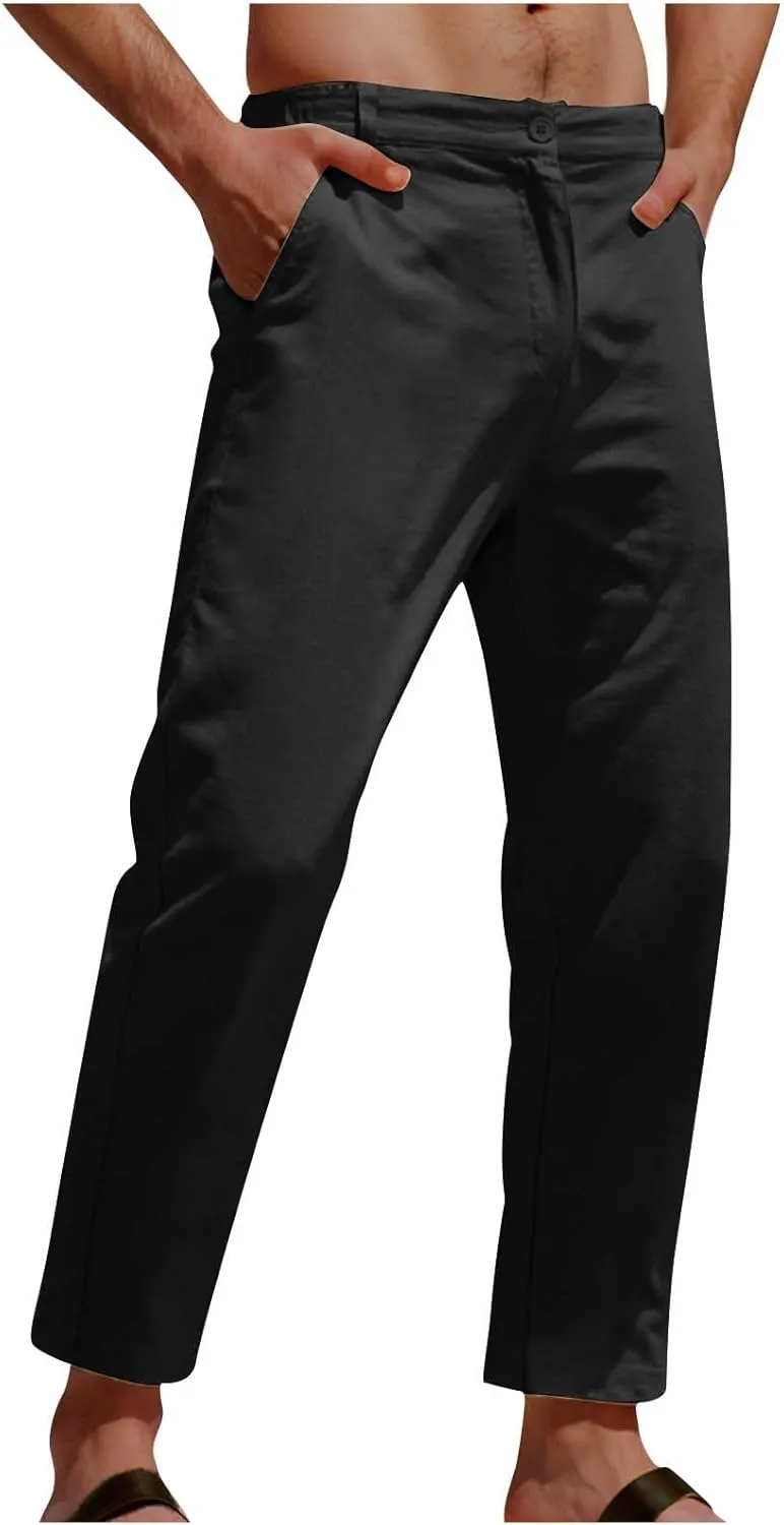 Men's Cotton Linen Pants Stretch Waist Lightweight Casual Pants Slim Fit Yoga Beach Trousers with Pockets