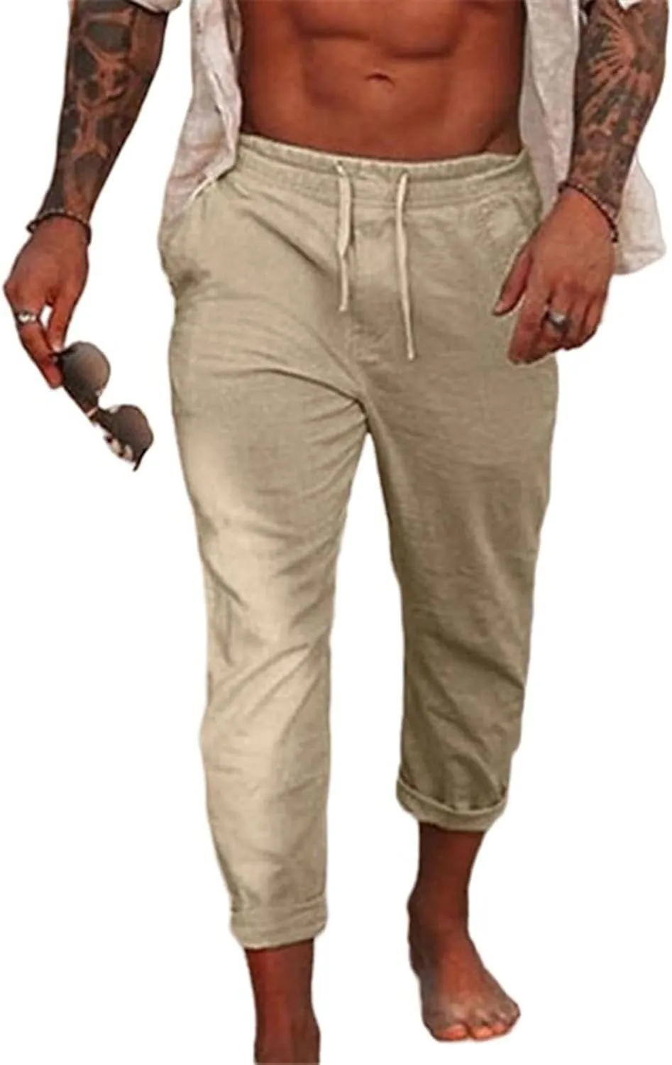 Mens Fashion Cotton Linen Pants Slim Fit Drawstring Lightweight Sweatpants Loose Fit Casual Outdoor Beach Trousers