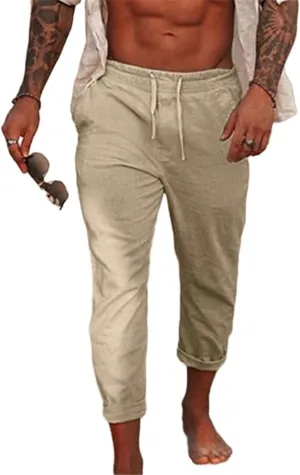 Mens Fashion Cotton Linen Pants Slim Fit Drawstring Lightweight Sweatpants Loose Fit Casual Outdoor Beach Trousers