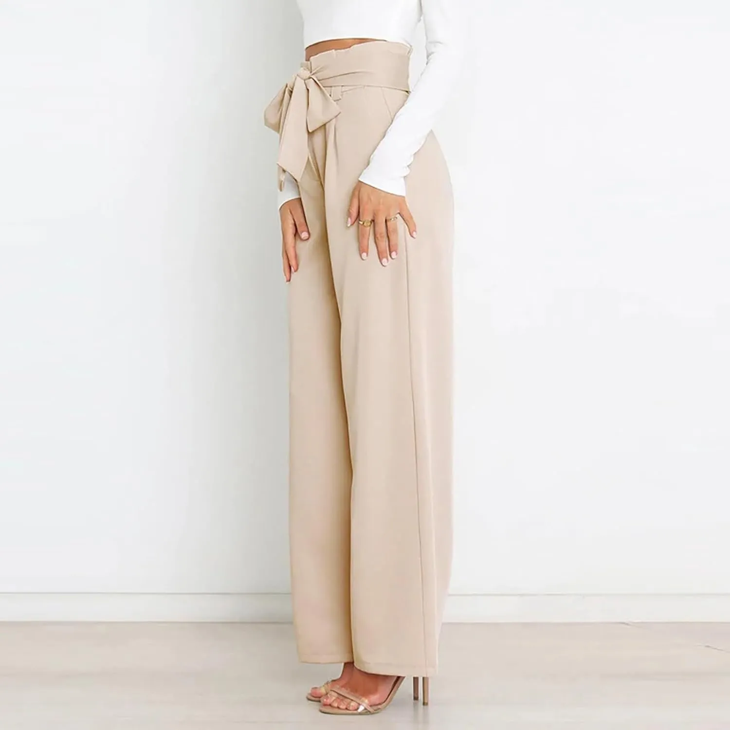 Wide Leg Work Pants for Women Dressy High Waist Bow Tiw Lace Up Baggy Pants Trendy Loose Fit Comfort Business Trousers