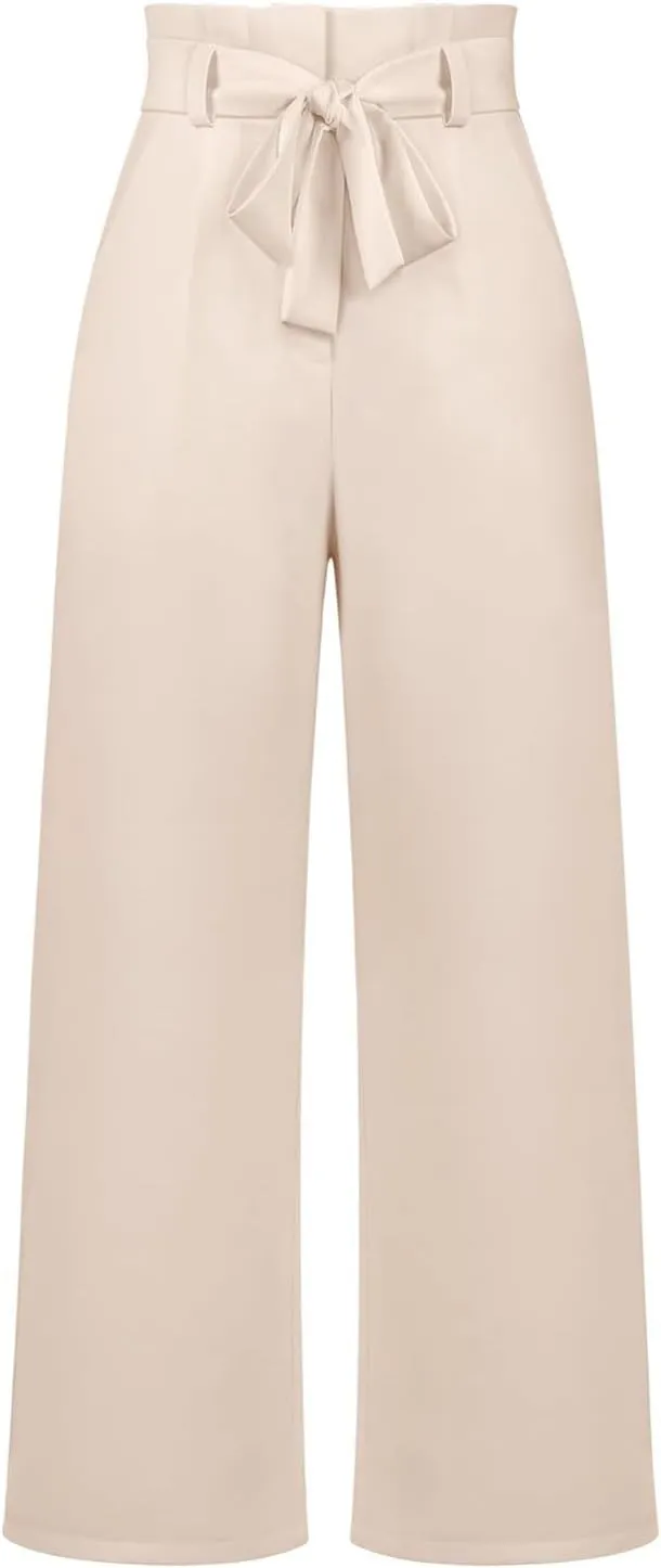 Wide Leg Work Pants for Women Dressy High Waist Bow Tiw Lace Up Baggy Pants Trendy Loose Fit Comfort Business Trousers