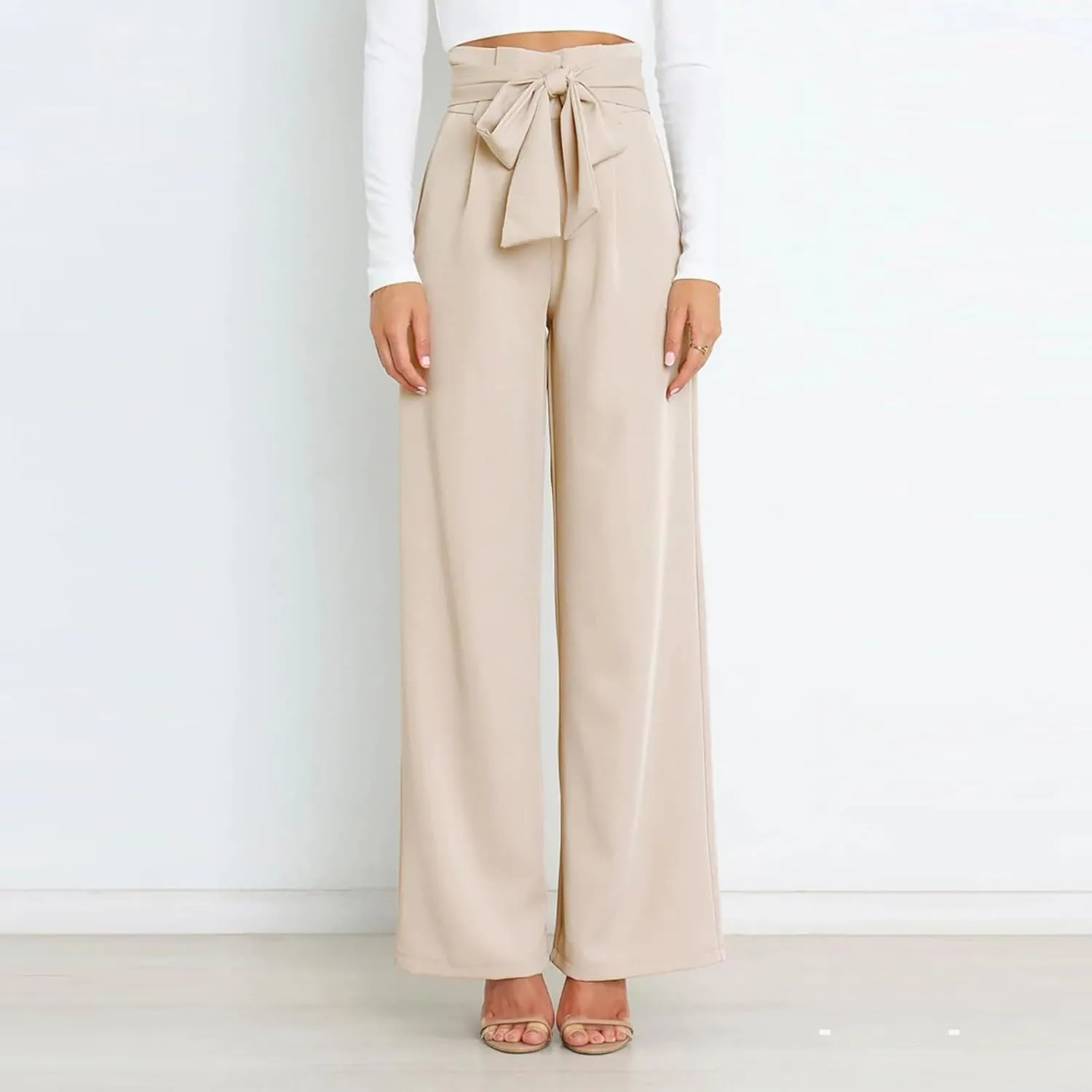 Wide Leg Work Pants for Women Dressy High Waist Bow Tiw Lace Up Baggy Pants Trendy Loose Fit Comfort Business Trousers