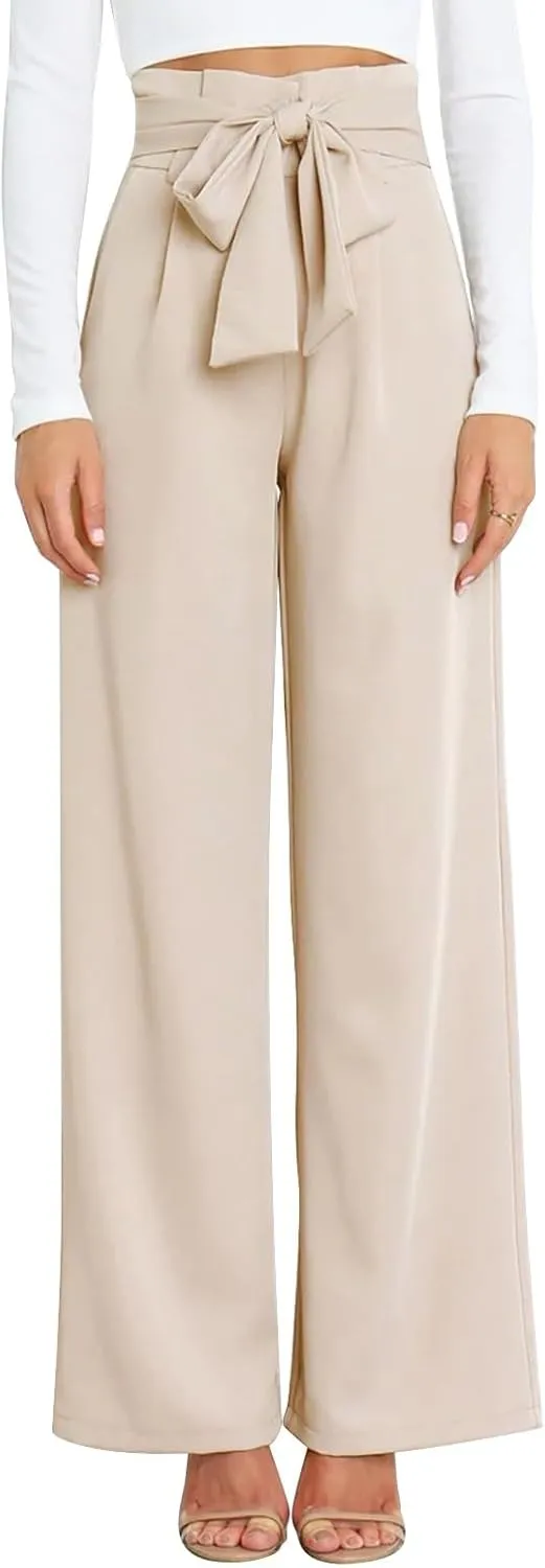 Wide Leg Work Pants for Women Dressy High Waist Bow Tiw Lace Up Baggy Pants Trendy Loose Fit Comfort Business Trousers