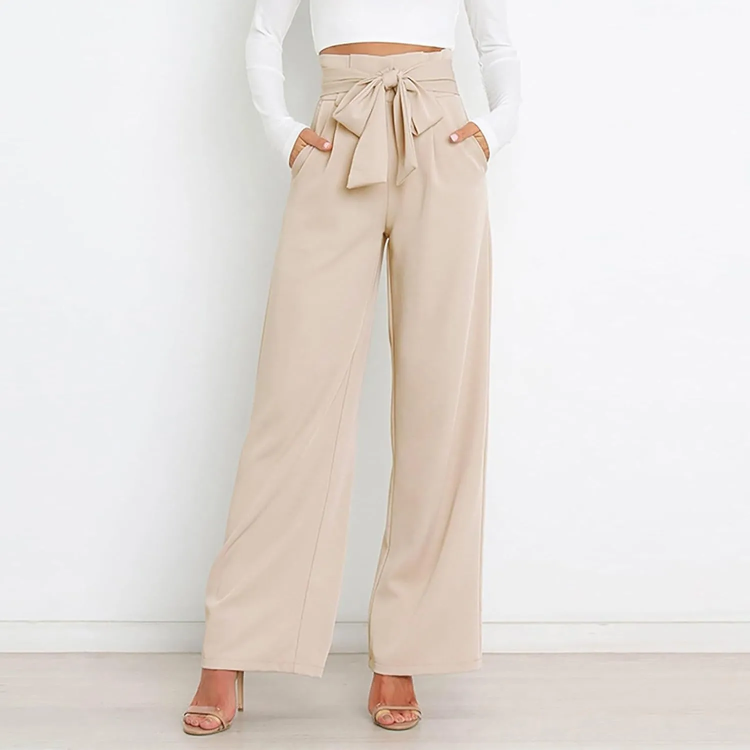Wide Leg Work Pants for Women Dressy High Waist Bow Tiw Lace Up Baggy Pants Trendy Loose Fit Comfort Business Trousers
