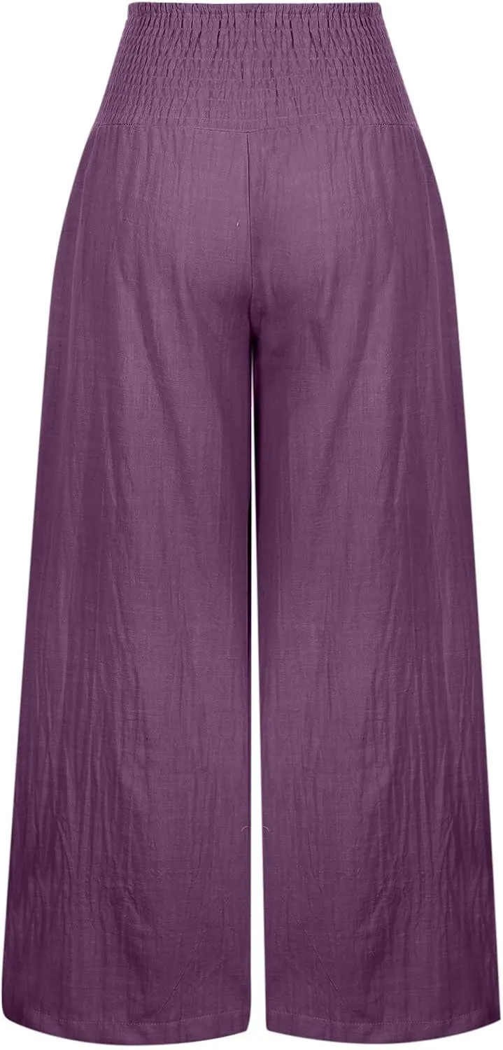 Women Linen Palazzo Pants Summer Wide Leg High Waist Trousers Casual Lounge Pant 2025 Beach Travel Vacation Outfits