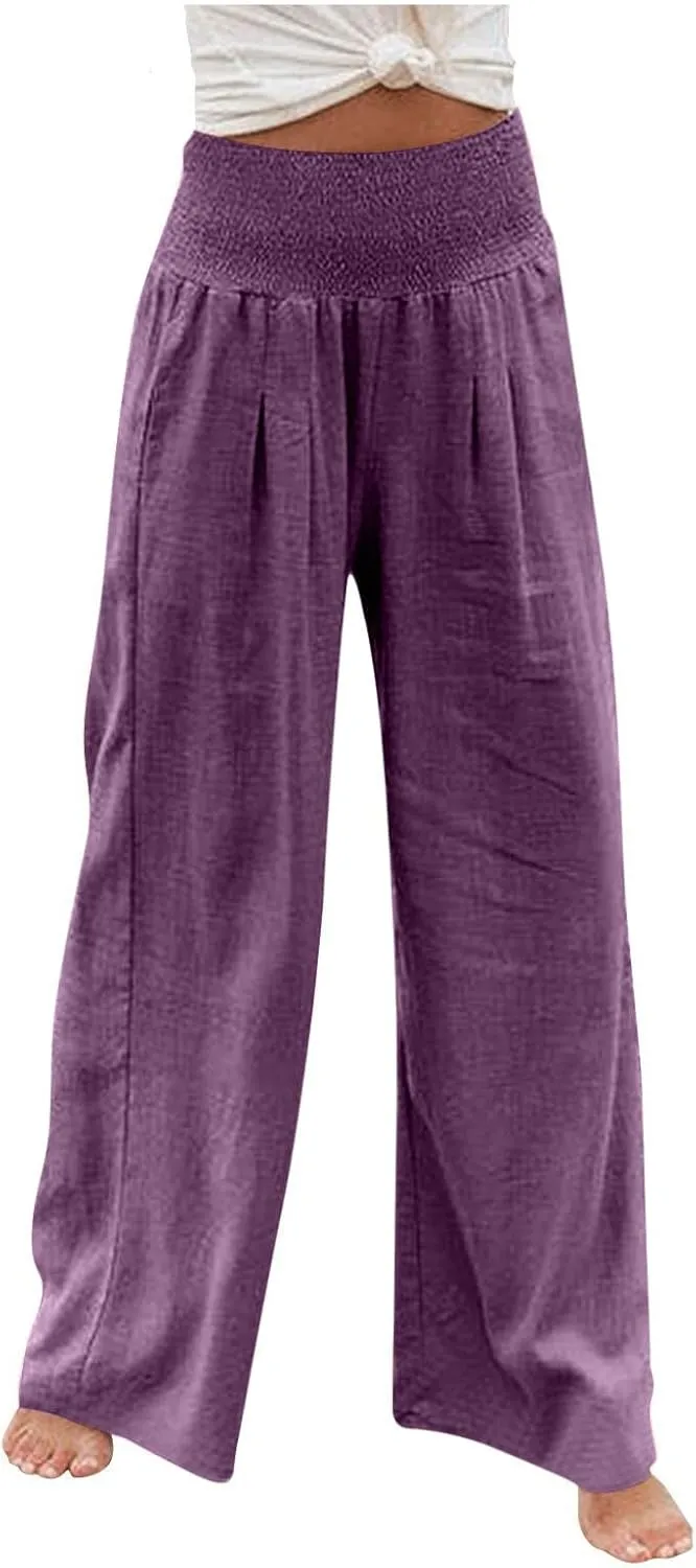 Women Linen Palazzo Pants Summer Wide Leg High Waist Trousers Casual Lounge Pant 2025 Beach Travel Vacation Outfits
