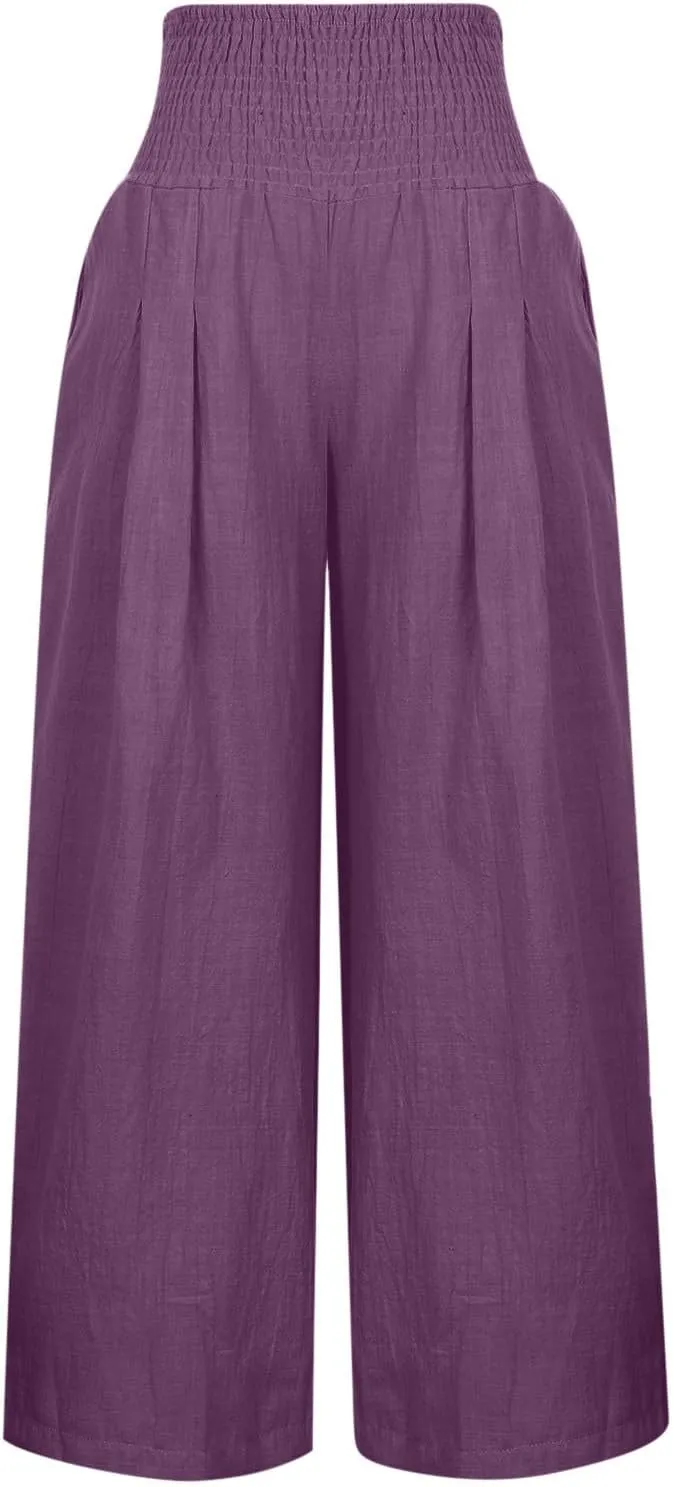 Women Linen Palazzo Pants Summer Wide Leg High Waist Trousers Casual Lounge Pant 2025 Beach Travel Vacation Outfits