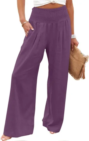 Women Linen Palazzo Pants Summer Wide Leg High Waist Trousers Casual Lounge Pant 2025 Beach Travel Vacation Outfits