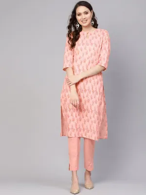 Women Peach-Coloured Printed Kurta With Trousers