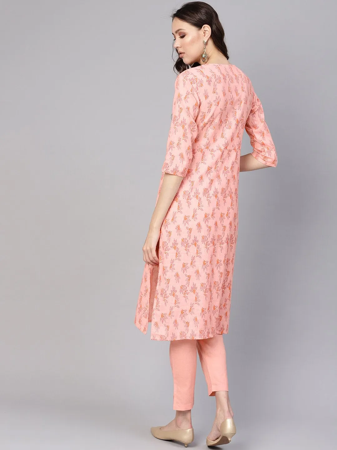 Women Peach-Coloured Printed Kurta With Trousers